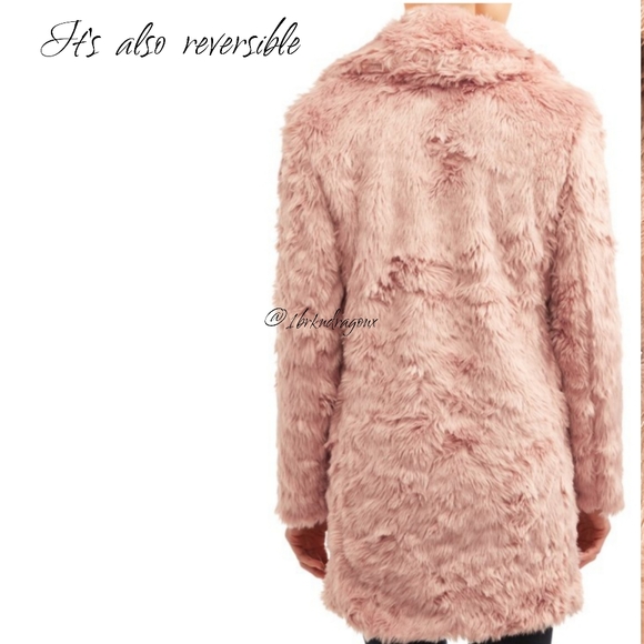 KENDALL + KYLIE CURLY FAUX FUR MID-LENGTH JACKET BLUSH FAUX FUR  REVERSIBLE - Picture 12 of 16